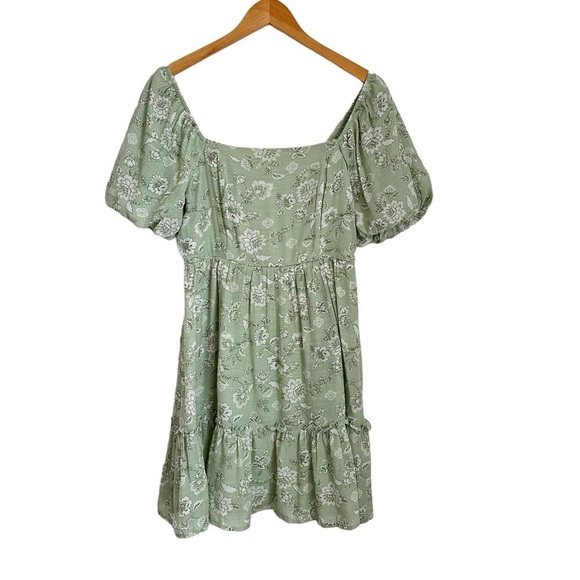 Blu Pepper Womens Floral Baby Doll Mini Dress Sz Medium Green Puff Sleeve Lined - Picture 1 of 9